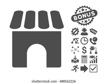Shop pictograph with bonus pictogram. Vector illustration style is flat iconic symbols, gray color, white background.
