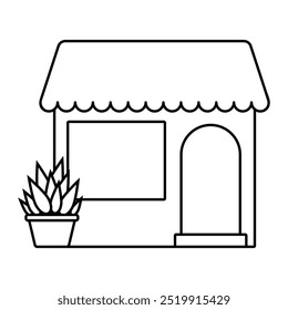 Shop with plant in pot vector icon. Shopping store isolated on white background. Storefront simple outline drawing.