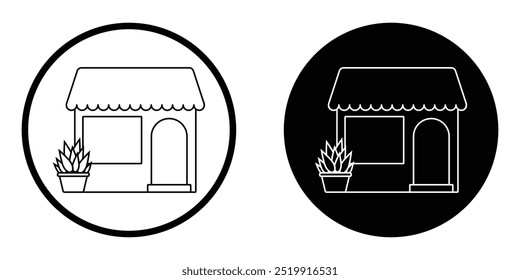 Shop with plant in pot vector icon set. Shopping store isolated on white background. Storefront simple outline drawing.