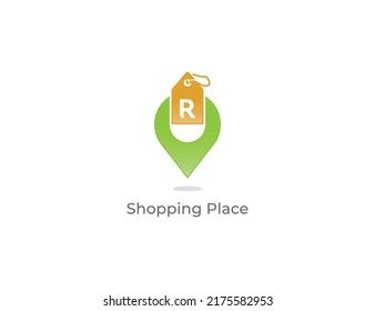 Shop Point Logo Concept sign icon symbol Design with Letter R. Price Tag and Pin Combination. Vector illustration logo template