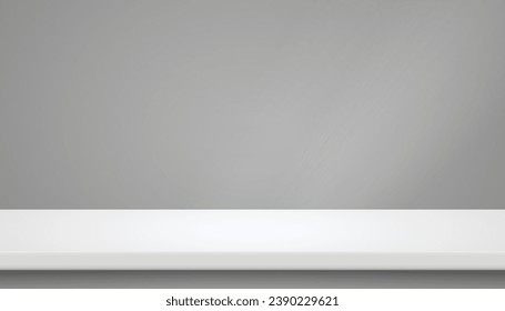 Shop product shelf, light gray shelf for product presentation, shopping merchandise market products rack, blank empty showcase, supermarket retail shelve, store rack