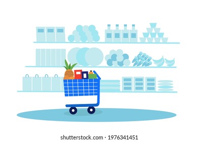 Shop products. All counters are stocked with fresh produce. A full grocery cart stands in the store. Vector illustration