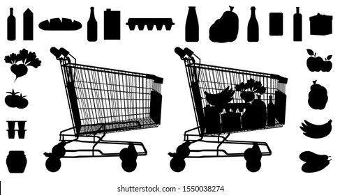 Shop products trolley silhouette. Food products supermarket store