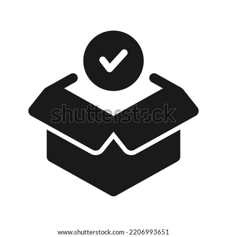 Shop purchase delivery, flat design, open order package, wholesale products, receive postal parcel, unpack box, vector glyph icon
