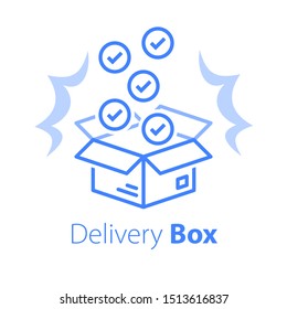 Shop purchase delivery, linear design, open order package, multiple set of articles, wholesale products, receive postal parcel, unpack surprise box, vector line icon svg