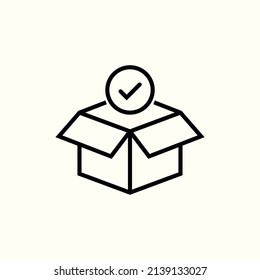 Shop purchase delivery, linear design, open order package, wholesale products, receive postal parcel, unpack box, vector line icon. EPS 10 svg