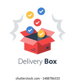 Shop purchase delivery, open order package, multiple set of articles, wholesale products, receive postal parcel, unpack surprise box, vector flat illustration