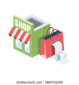 Shop with purchase package Cash register receipt. Vector 3d isometric, color web icons set, new flat style. Creative illustration, idea for infographics.