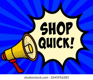 Schnelle Ankündigung Sprechblase Shop. Megaphon, Sprachauflösung, Comic-Stil, heller Hintergrund, Kommunikationselement, Ausdruckswerkzeug, Sprachprojektion, Informationsaustausch, Pop-Art-Design.