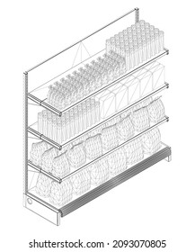 Shop rack wireframe with items from black lines isolated on white background. Bags, packaging, bottles. Isometric view. 3D. Vector illustration