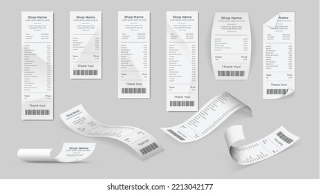 Kaufbeleg, Geldwechsel, Kauf von Rechnung realistisches Set. Supermarkt-Shopping-Summen-Scheck und Gesamtkosten-Shop-Zahlung, 3d einzelne Scheckautomaten mit Barcodes. Vektorgrafik