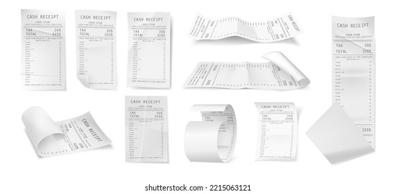 Shop receipt, cash paper bill, purchase invoice. Vector 3d isolated filled cheque blanks realistic set. Supermarket shopping retail sum check and total cost store sale payment