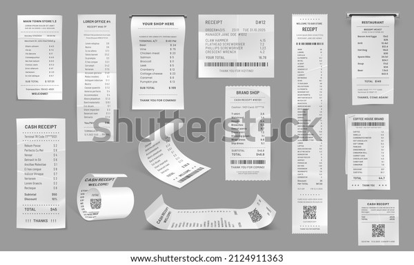 Shop receipt, cash paper bill, purchase invoice.\
Vector supermarket shopping retail sum check and total cost store\
sale payment, 3d isolated filled cheque blanks with qr and bar\
codes, realistic set