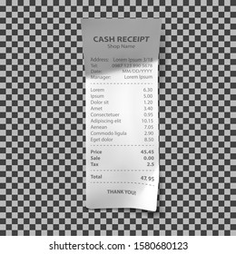 Shop receipt realistic isolated vector illustration. Direct paper payment bill with goods and their price, tax and total amount