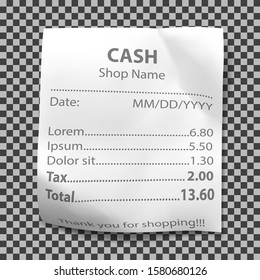 Shop receipt realistic isolated vector illustration. Direct and curled paper payment bill with goods and their price, tax and total amount