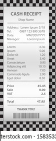 Shop receipt realistic isolated vector illustration. Direct paper payment bill with barcode, goods and their price, tax, Vat and total amount