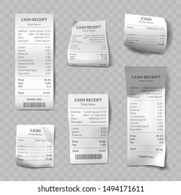 Shop receipt set of realistic isolated vector illustrations. Direct and curled paper payment bills with barcode, goods and their price, tax, Vat and total amount