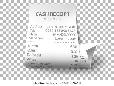 Shop receipt set of realistic isolated vector illustrations. Curled paper payment bills with barcode, goods and their price, tax, Vat and total amount