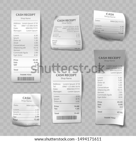 Shop receipt set of realistic isolated vector illustrations. Direct and curled paper payment bills with barcode, goods and their price, tax, Vat and total amount