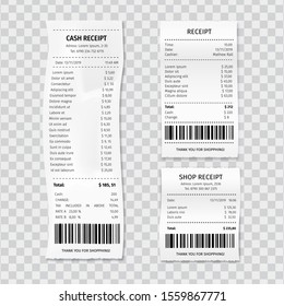 Shop receipt Vector Realistic 3d Paper Set with Barcode Closeup Isolated on White Background Retail store purchase receipts, supermarket invoice printing and purchasing bill. Shopping price ticket