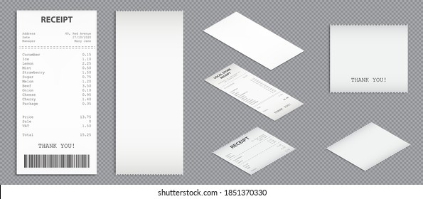 Shop receipts, paper cash checks with barcode top and perspective view. Vector realistic set of purchase bills, blank and printed invoices. Shopping cheques isolated on transparent background