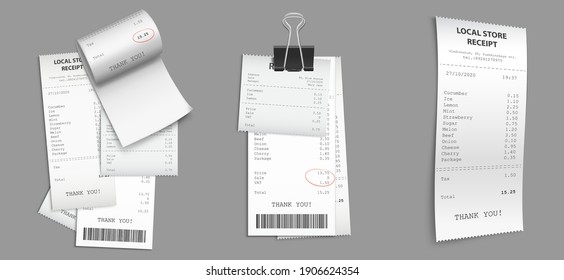 Shop receipts, paper cash checks with barcode. Vector realistic set of purchase bills, pile of printed invoices. Shopping cheques with binder clip isolated on gray background
