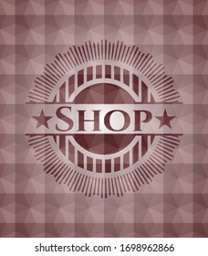 Shop red emblem with geometric background. Seamless.