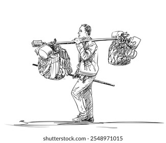 Shop in remote areas of the Himalayas, Seller of household goods in Nepal, Walking man carries household items on a bamboo pole slung over his shoulder, Hand drawn illustration, Vector sketch