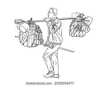 Shop in remote areas of the Himalayas, Seller of household goods in Nepal, Walking man carries household items on a bamboo pole slung over his shoulder, Hand drawn illustration isolated, Vector sketch