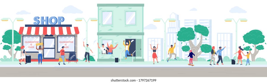 Shop Reopening After Coronavirus Quarantine, Happy People Leaving House Walking In The Park, Vector Flat Illustration. Characters Removing Medical Face Masks And Throwing Them Away. End Of Quarantine.