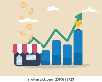 Shop or restaurant full with gold coin and trophy at the top of graph. Concept of Business success, startup growth, high return investment, profits, income increase flat vector illustration.