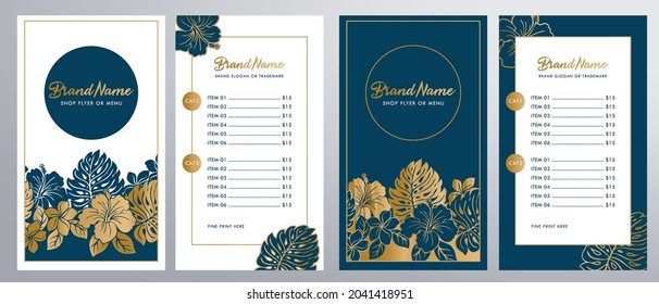 Shop Restaurant Menu Ornate gold brochure flyer template for fancy invitations weddings stationary advertisement with Hibiscus Monstera Plumeria Floral Hawaiian design