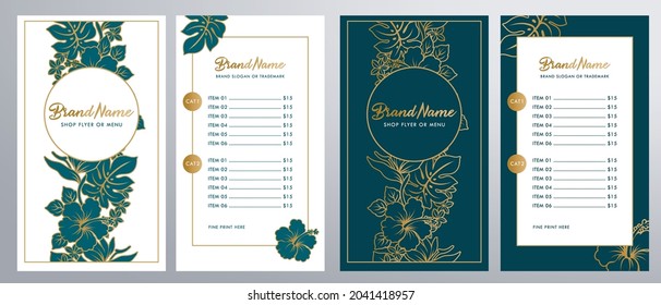 Shop Restaurant Menu Ornate gold brochure flyer template for fancy invitations weddings stationary advertisement with Hibiscus Monstera Plumeria Floral Hawaiian design