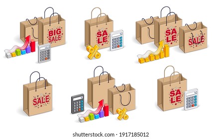 Shop retail sale vector 3D illustrations set isolated on white background, shopping bags with money and other elements, store discount, Black Friday concept, clearance.
