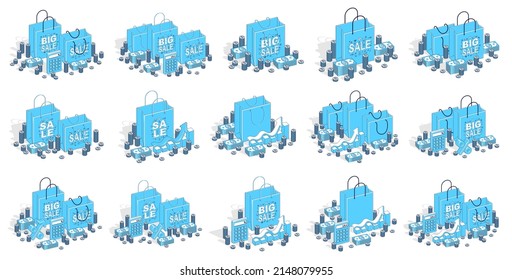 Shop retail sale vector 3D illustrations set isolated on white background, shopping bags with money and other elements, store discount, Black Friday concept, clearance.