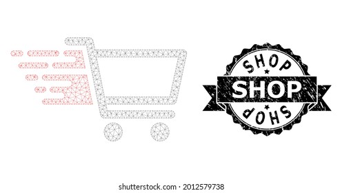 Shop rubber seal and vector shop cart mesh structure. Black stamp seal includes Shop tag inside ribbon and rosette. Abstract flat mesh shop cart, designed with polygonal grid.