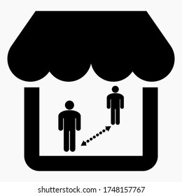 Shop and safe distance between customers. Protecting visitors from the coronavirus. The rule of distance in the store. Compliance with the distance in the supermarket. Vector icon.