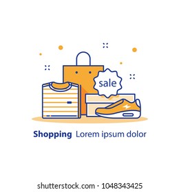 Shop sale announcement, discount store, special offer, advertising and promotion, clothes and shoes, vector line icon, flat design illustration