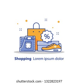 Shop sale announcement, discount store, special offer, clothes and shoes, vector flat design illustration