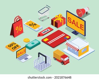 Shop and sale collection set 3d isometric vector concept for banner, website, illustration, landing page, flyer, etc.