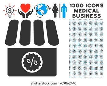 Shop Sale grey vector icon with 1300 medicine commercial pictograms. Collection style is flat bicolor light blue and gray pictograms.