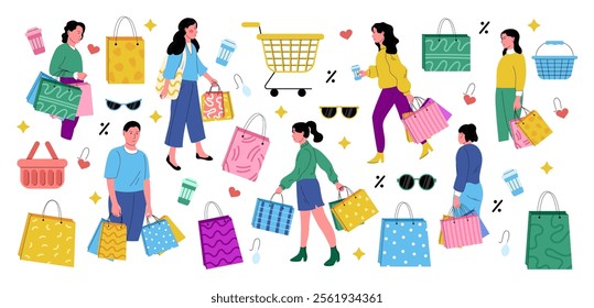 Shop sale. People on shopping pattern, girl with clothes, man with bag. Fashion package, supermarket tag, boutique and market. Abstract advertising for buyer. Vector art garish cartoon flat icons