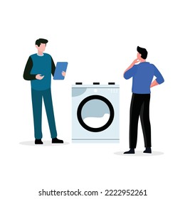 Shop sales assistant showing washing machine, drying for male customer. buy a new washing machine at the home supply store. Retail business. flat style vector