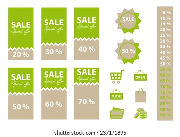 Shop sales bundle collection of labels with percentages and shopping icons. Green color.