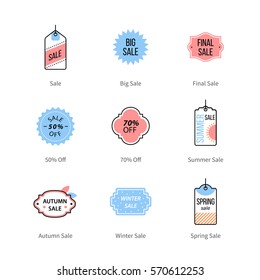 Shop sales tag, price labels, retail marketing symbols. Thin line art icons with flat colorful design elements. Modern linear style illustrations isolated on white.