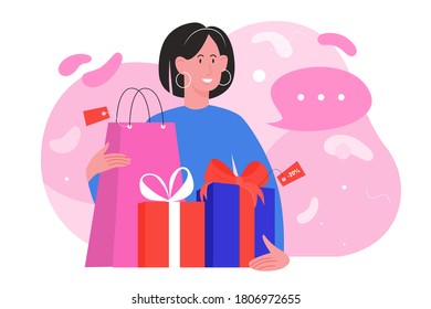 Shop sales vector illustration. Cartoon flat happy woman shopper character holding gift box and shopping bag, shopaholic buyer girl buying present on seasonal discount sale in store isolated on white