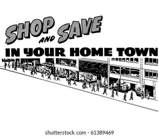 In Ihrer Heimatstadt einkaufen und speichern - Werbebanner - Retro-Clip-Art