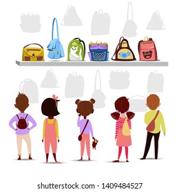 shop school backpacks. a group of children choose a school bag