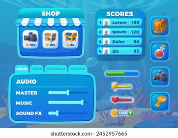 Compra y anota paneles para un juego submarino. Conjunto de Ilustraciones vectoriales con iconos de equipos, Configuraciones de audio y clasificaciones de reproductores.