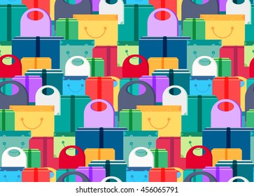 Shop Seamless Pattern from Shopping Bags, Boxes and Packages with products. Sale Banner. Shelves store with offer for print, wrap, flyer, sticker, poster. Vector